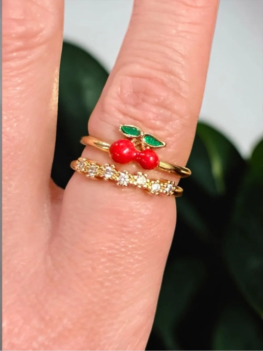 Gold Filled Cherry Pavé Double Band Ring – Kawaii Dainty Fashion Jewelry